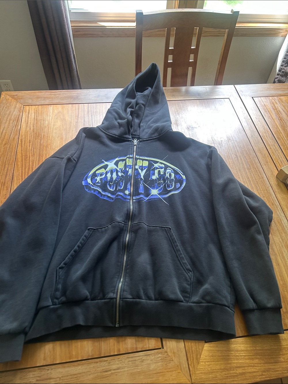 Black Graphic Zip-Up Hoodie with Blue Logo